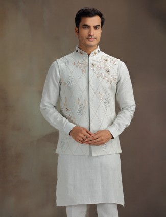 Grey linen embroidered men elegant waistcoat set