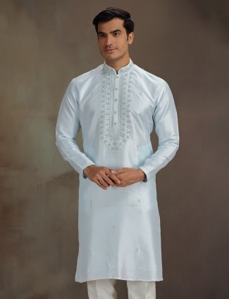 Light blue silk sequined embroidered celebration kurta suit