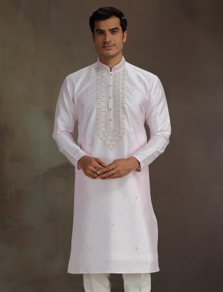 Light pink silk embroidered beaded festive kurta suit