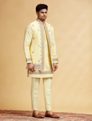 Light yellow silk waistcoat set for men wedding wear