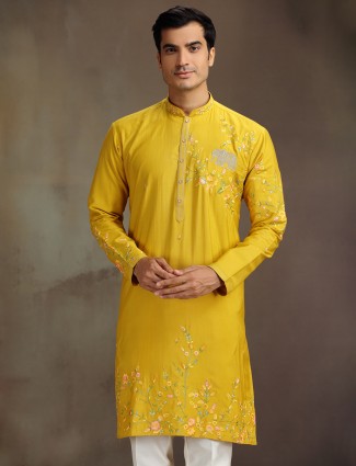 Mustard yellow silk stone embroidered haldi kurta suit