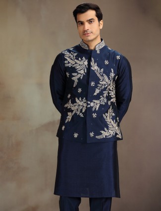 Navy silk embroidered sequins waistcoat set