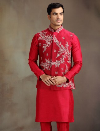 Red silk wedding wear waistcoat set for men