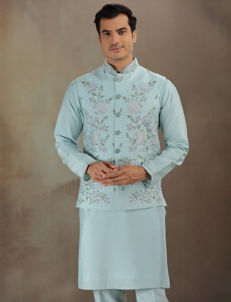 Sky blue silk wedding wear waistcoat set