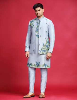 Stone blue printed silk waistcoat set men