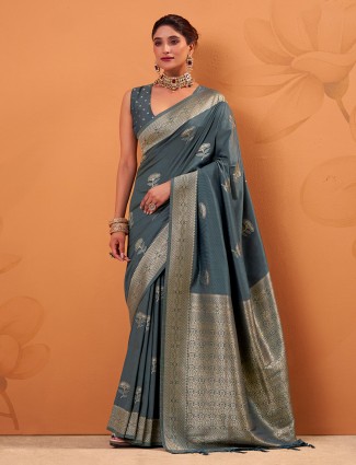 Elegant grey tusser silk saree with zari weaving