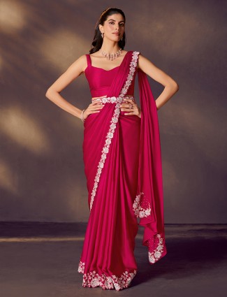Magenta satin silk saree with stone and diamond shine