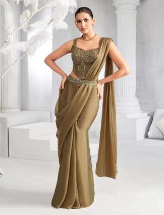 Pastel olive designer chiffon ready to wear saree