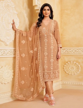 Peach georgette salwar suit with graceful threading