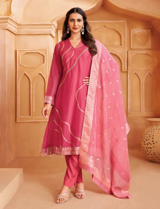 Pink chiffon salwar suit with zari sequins glow