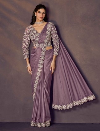 Purple satin silk saree with mirror and pearl detailing