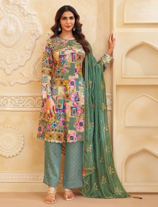 Sage green silk printed salwar suit elegance