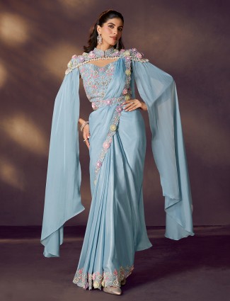 Grey satin symphony saree with embellished waist belt