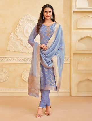 Stone blue chiffon salwar suit with zari accents