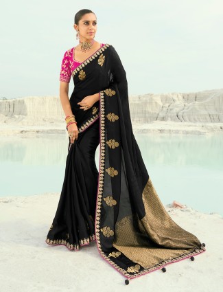 Black organza silk saree with zari and thread embellish
