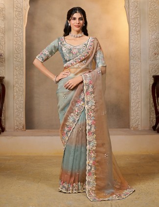 Brown and grey shaded organza satin saree of dual grace