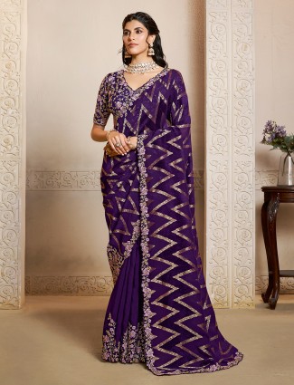 Dark purple velvet silk saree of majestic grandeur