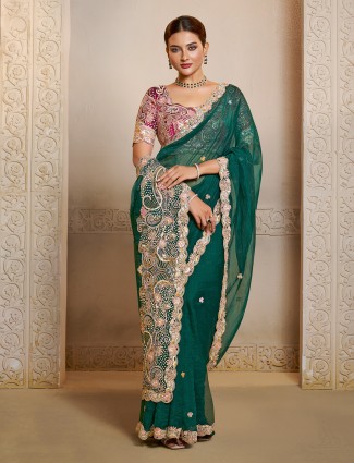 Green organza satin saree with embroidered brilliance
