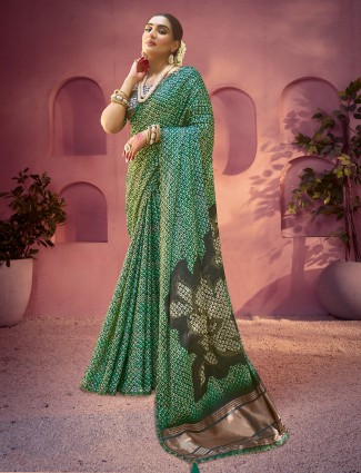 Green traditional printed gajji silk saree for women