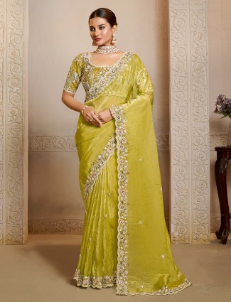 Light green organza satin saree with fresh festive flair