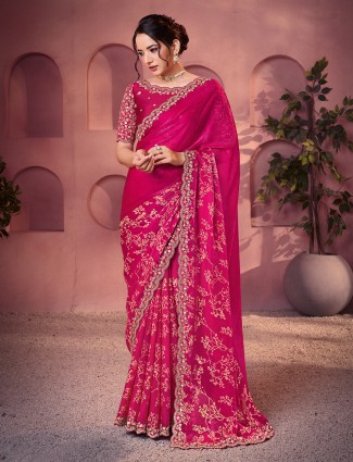 Luminous magenta traditional two tone satin silk saree