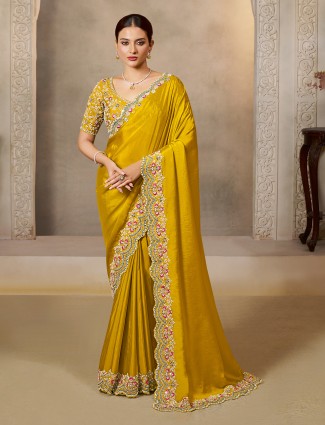 Mustard yellow satin silk saree of haldi glow