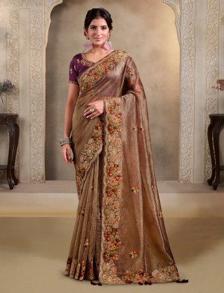Pastel brown banarasi silk saree of vintage opulence