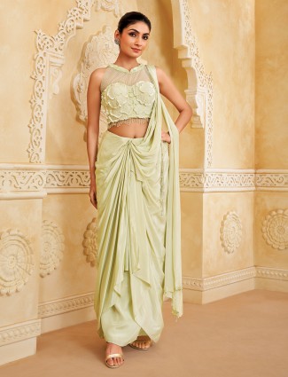 Pista crepe silk ready to wear saree with shimmering cutdana grace