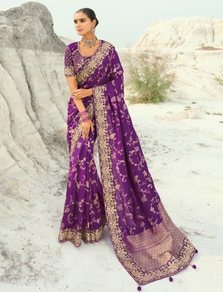 Purple dola viscose saree with zardosi and beads work