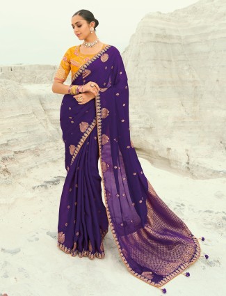 Purple organza satin saree with resham and zari detailing