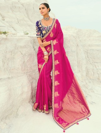 Rani pink organza silk saree with zari and sequins