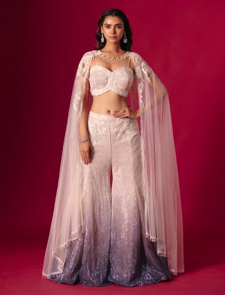 Cream and purple designer sequins shaded palazzo suit