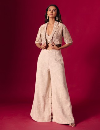 Cream jute silk designer jacket palazzo suit