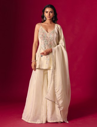 Cream silk mirror embroidered festive palazzo suit