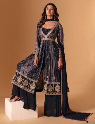 Dark grey bandhej pakistani silk palazzo suit
