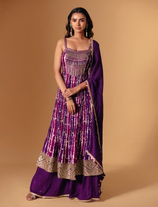 Dark purple silk zardosi embroidered palazzo suit