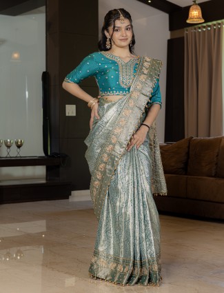 Mint blue kanjivaram silk saree elegance