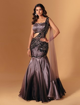 Pastel brown organza lehenga for modern grace