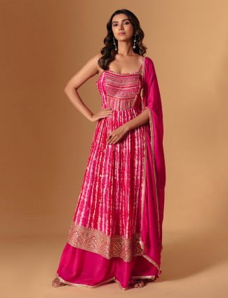 Rani pink zardosi printed silk palazzo suit
