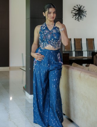 Blue cotton silk designer palazzo suit