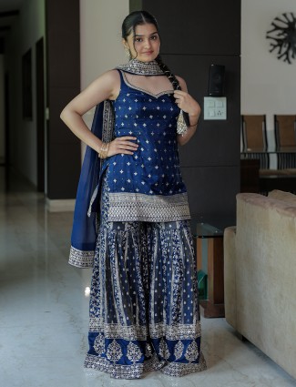 Navy blue cotton silk sharara suit with dupatta