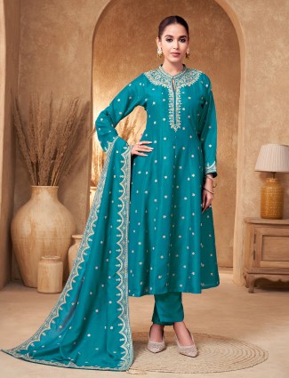 Aqua silk anarkali with collar design