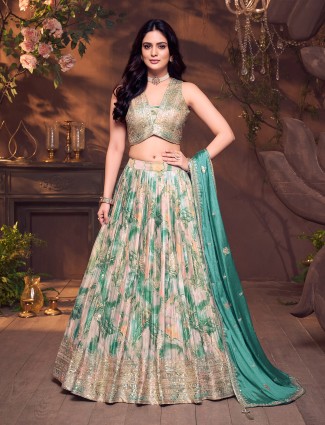Green silk V neck printed dupatta lehenga choli