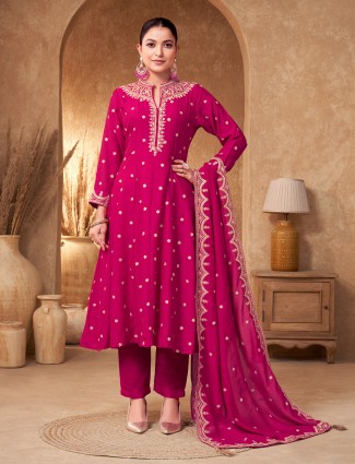 Magenta silk anarkali with collar