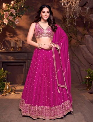 Magenta silk sweetheart neck embroidered lehenga choli