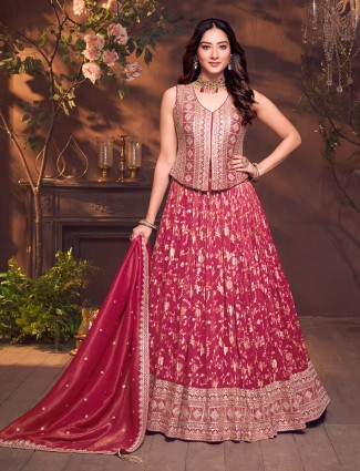 Maroon silk u-neck embellished lehenga choli