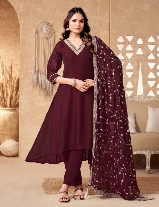Maroon silk heavy work festive suit