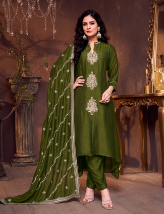 Mehendi green silk collar neck wedding suit