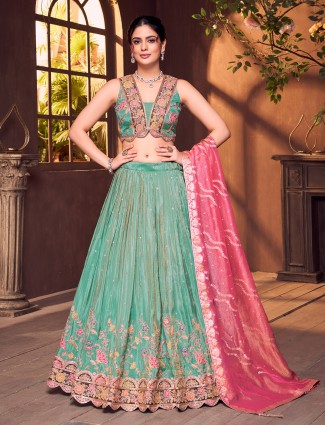 Mint green silk floral printed dupatta lehenga choli