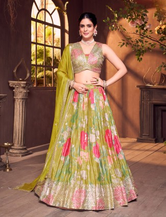 Olive silk printed V neck festive lehenga choli